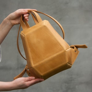 Yellow Mini Backpack Small Daily Purse Geometry Shape Rucksack Mustard Color Leather Backpack Travel Anti Theft Purse Women Gift Idea