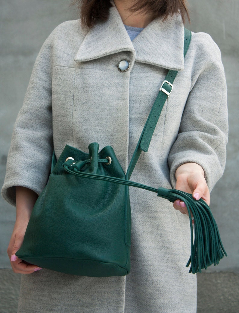 Emerald Green Bucket Bag Women Crossbody Bag Baggy Bag with Tassels Green Leather Drawstring Bag Green