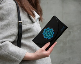 READY / Blue Leather Wallet With Hand Paitig Mandalas for