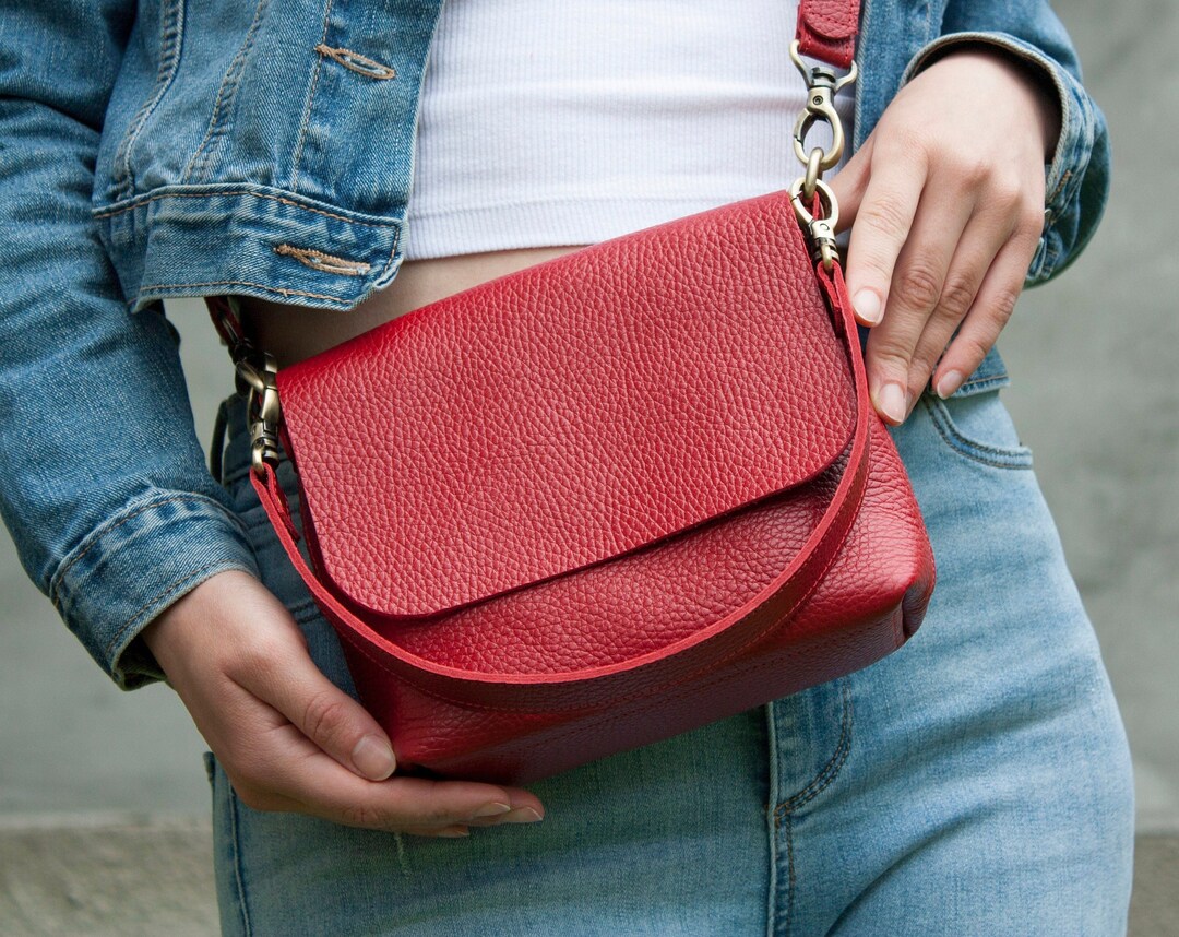 Women Minimalist Red 100% Leather Bag Soft Handbag Everyday