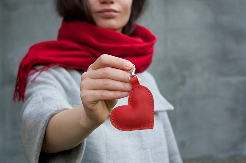 Leather Keychain Red Heart Key Fob as a Gift for Valentine's Day image 4