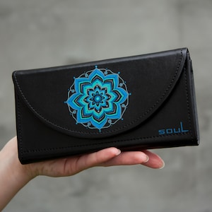 High Quality Leather Wallet with Turquoise Mandala Painting Handmade Purse Women Gift Idea Black Leather Purse