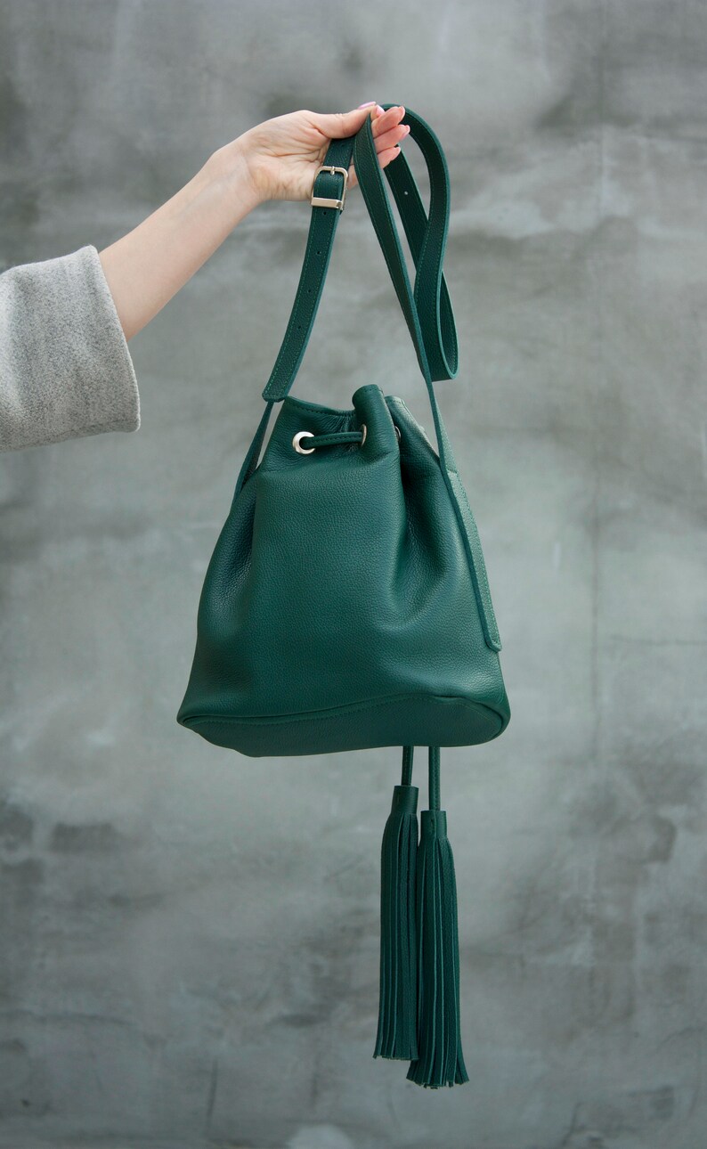 Emerald Green Bucket Bag Women Crossbody Bag Baggy Bag with Tassels Green Leather Drawstring Bag image 4