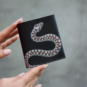 Black Leather Mini Wallet with Adder Painting Women Purse with Snake Painting Handmade Purse Wife Gift Idea Small Wallet Women Gift Idea