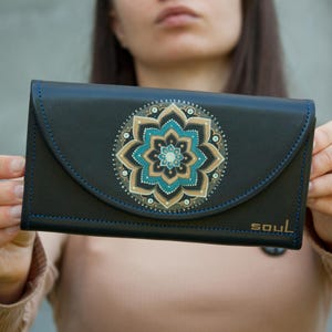 Dark Blue Leather Wallet with Gold Mandala Painting Soft Leather Wallet Wife Gift Idea Mom Gift Idea Smooth Leather Purse