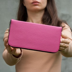 Portefeuille minimaliste en cuir rose pour femme, porte-monnaie à fermeture éclair, fait main, porte-monnaie en cuir de haute qualité avec 12 emplacements pour cartes, porte-monnaie en cuir rose vif