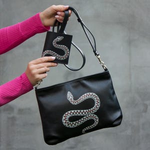 Geldbörse mit Schlangenmalerei, schwarzes Leder-Set, Damen-Umhängetasche, kleine Handtasche, tolle Geschenkidee