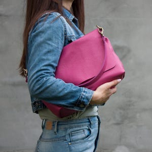 Bright Pink Leather Shoulder Bag Women Large Purse Hot Pink Leather Crossbody Bag Women Gift Idea Fuchsia Color Purse Daily Handbag
