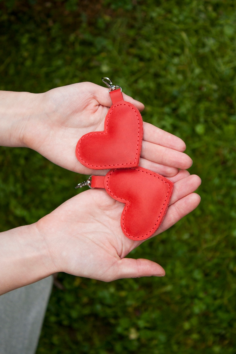 Leather Keychain Red Heart Key Fob as a Gift for Valentine's Day image 7