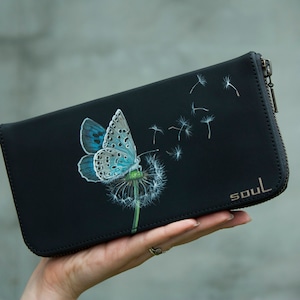 Mariposa Mujer Cartera de Cuero Semillas de Diente de León Monedero Grande Negro Monedero Cremallera Tarjeta Monedero Regalo del Día de la Madre
