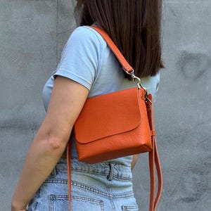 Orange Leather Crossbody Bag Women Mini Handbag Orange Leather Shoulder Bag Small Size Purse Minimalist Crossbody Bag Vacation Leather Purse