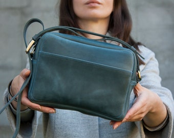 Blue Leather Shoulder Bag Women Crossbody Purse Personalized Gift Idea