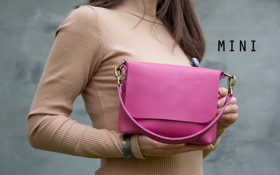 Women Hot Pink 100% Leather Bag Mini Crossbody Purse High 