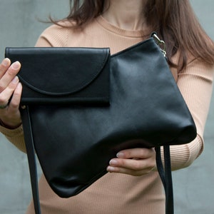 Conjunto de bolso bandolera y cartera de cuero negro Bolso de hombro suave minimalista para mujer