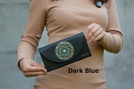 Dark Blue Leather Wallet with Gold Mandala Real Painting Women Elegant Purse Perfect Christmas Gift Idea