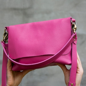 Bright Pink Leather Shoulder Bag Fuchsia Color Women Handbag