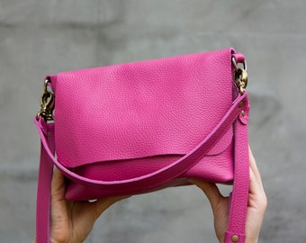 Bright Pink Leather Shoulder Bag Fuchsia Color Women Handbag Gift for Wife