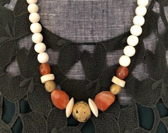 Carnelian beaded wood tribal necklace