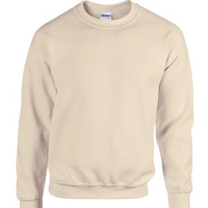 May include: A plain, light beige sweatshirt with a Gildan brand tag on the front.