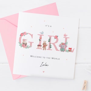 nouvelle carte bébé fille | Félicitations, c'est une fille | carte nouveau-né | Bienvenue dans le monde | Cadeau | Souvenir | Petite-fille | Nièce | Animaux