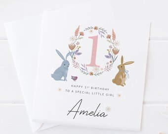 Carte d'anniversaire pour filles | Carte personnalisée pour votre premier anniversaire | Cadeau de premier anniversaire pour enfants | 1er anniversaire de bébé | Petite fille | Lapin