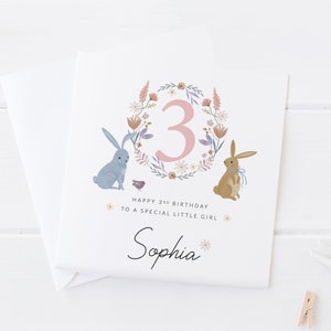 3e anniversaire de fille de <br> Profitez-en ! d'anniversaire personnalisée pour fille | troisième quatrième cinquième anniversaire | trois, quatre, cinq ans, carte de vœux | Lapins