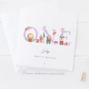 Tarjeta de primer cumpleaños para niñas / Tarjeta de primer cumpleaños para bebé / Regalo de primer cumpleaños / Animales / Sobrina / Ahijada / Nieta / Hija / Uno