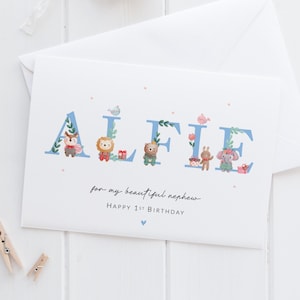 Tarjeta de cumpleaños personalizada para niños / Tarjeta de primer cumpleaños / Tarjeta de cumpleaños para hijo / Cumpleaños de bebé / Nieto / Ahijado / Sobrino / Nombre / Tarjeta con iniciales