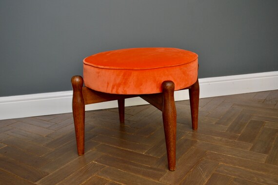 Retro / Mid Century Teak and Velvet Orange Footstool/ Ottoman, by