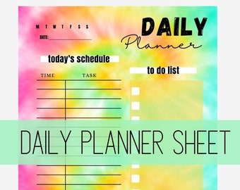 Tie Dye Daily Planner Instant Download| 1 PDF Sheet Digital Planner| Planners, To Do Lists, Organization Tools, Printables