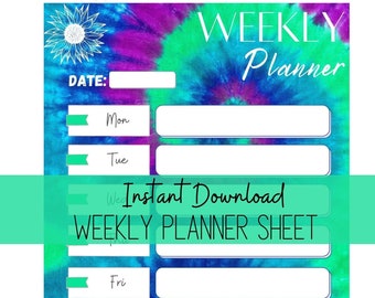 Purple & Green Tie Dye Weekly Planner Sheet Instant Download, 1 PDF Sheet Digital Planner| Planners, To Do Lists, Printables