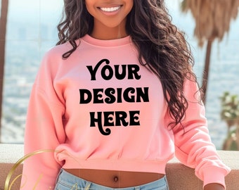 Pink Crewneck Sweatshirt African American Woman Mockup Digital Download with California Sky  Background, Design Mocks, Sweatshirt Mockups