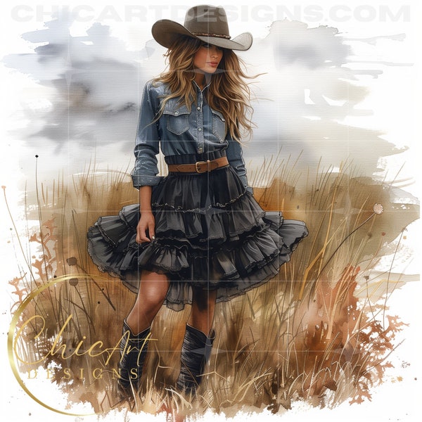 Stylish Cowgirl Wearing Denim Shirt and Black Ruffle Skirt PNG Illustration, American Wall Art, Cover Design, Art Prints, Cowgirls, Cowgirl