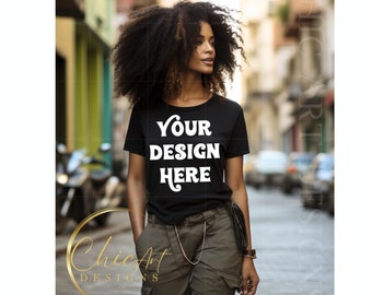 American American Woman Wearing Black Crewneck  T-shirt and Cargo Pants with Cobblestone Alley  Background| Png Mockup Phot