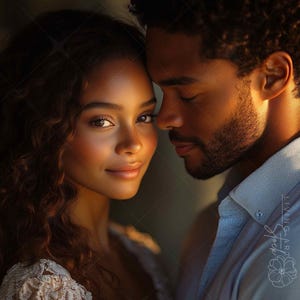 May include: A portrait of two individuals with warm, golden lighting. One individual has long, wavy brown hair and wears a white lace garment. The other individual has short, dark curly hair and a beard, wearing a light blue collared shirt.