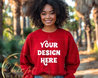 Red Crewneck Sweatshirt African American Woman with Natural Hair Mockup with California Palm Trees in the Background