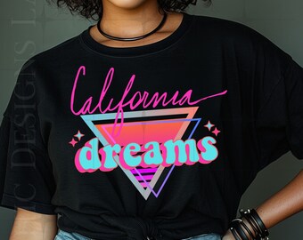 Pink & Blue Retro California Dreams Png Transparent Clipart Design, Los Angeles T-shirt Designs, PNG Sublimation Designs