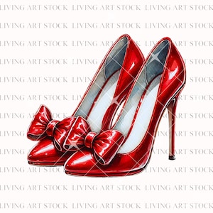 May include: A pair of glossy red high-heeled pumps featuring a prominent red bow on the pointed toe of each shoe. The illustration displays a vibrant red finish with white highlights, a slender stiletto heel, and the text LIVING ART STOCK.