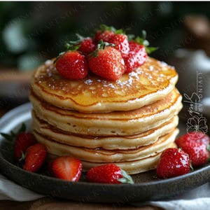 Könnte beinhalten: Ein Stapel goldener Pfannkuchen, beträufelt mit Sirup, belegt mit frischen roten Erdbeeren und mit Puderzucker bestäubt. Die Pfannkuchen liegen auf einem dunklen Teller, mit zusätzlichen Erdbeeren drumherum. Ein köstliches Frühstück oder Brunch.