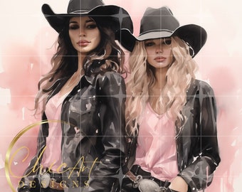 Pink Watercolor, Blonde & Brunette Cowgirls with Pink Background PNG Illustration| Cowgirl Art| Country Cowgirl, Watercolor Prints