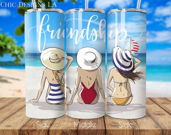 Beach with Blue Skies Featuring 3 Women on the Beach, Friendship Print 20 oz Tumbler Wrap Design, Friends Tumblers