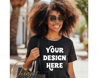 American American Woman Wearing Black Crewneck T-shirt California Background| Png Mockup Photos| Digital Download, Design Mocks