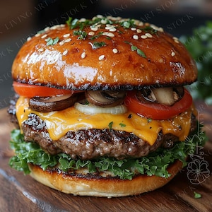 Könnte beinhalten: Nahaufnahme eines Gourmet-Burgers auf einer Holzoberfläche. Der Burger hat ein Sesambrötchen, einen Rindfleisch-Patty, geschmolzenen Käse, Tomatenscheiben, Pilze und Salat. Der Burger ist eine köstliche Mahlzeit.