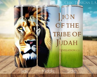 Lion's Head, Lion of the tribe of Judah Revelation 5:5, Scripture Print with Green Pastures 20 oz Tumbler Wrap Design, Christian Tumblers