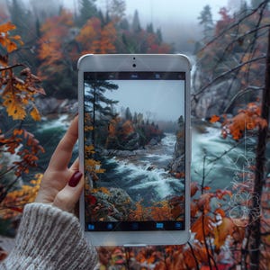 Könnte beinhalten: Ein weißes Tablet, das ein digitales Foto eines Flusses zeigt, der im Herbst durch eine felsige, bewaldete Landschaft fließt. Der Bildschirm zeigt eine Benutzeroberfläche mit Navigationssymbolen oben und unten, darunter ein Ordner-Symbol.