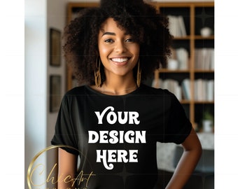 American American Woman Wearing Black Crewneck  T-shirt in Chic Living room Background| Png Mockup Photos| Digital Download