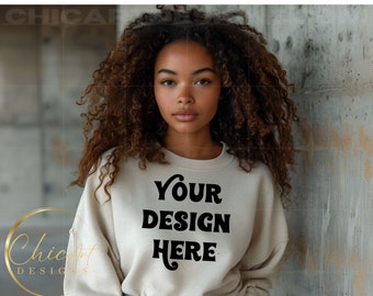 Beige Crewneck Sweatshirt African American Woman with Natural Hair Mockup Digital Download with Cement Wall in the Background