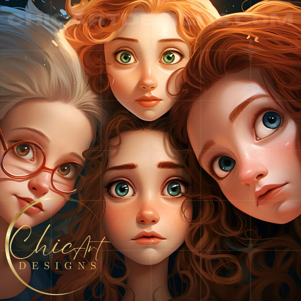 Animated 4 Teen Girls, Cartoon Character PNG Illustration, YA Novel Covers, Writer's, Book Cover Design, Storytelling, Art Prints