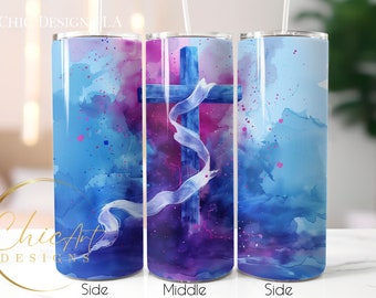 Blue & Purple Watercolor Christian Cross on Calvary with White Sash 20 oz Tumbler Wrap Design, Christian Tumblers