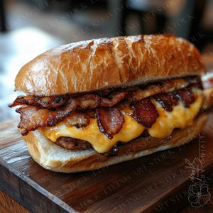 Könnte beinhalten: Nahaufnahme eines Sandwiches auf einem Holzbrett. Das Sandwich besteht aus einem knusprigen Brötchen, gefüllt mit geschmolzenem Käse, knusprigem Speck und einem Burger-Patty. Der Speck ist tiefrotbraun und der Käse leuchtend gelb.